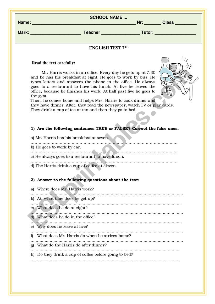 Comprehensive test worksheet