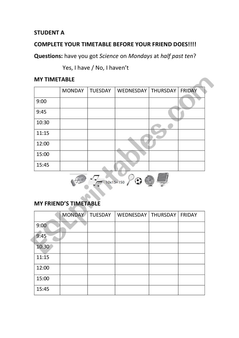 Timetable speaking worksheet