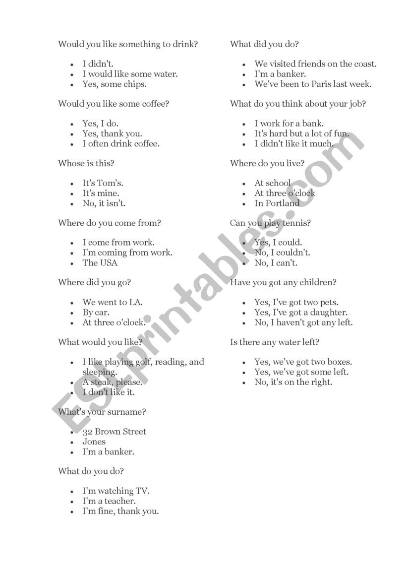 Questions worksheet