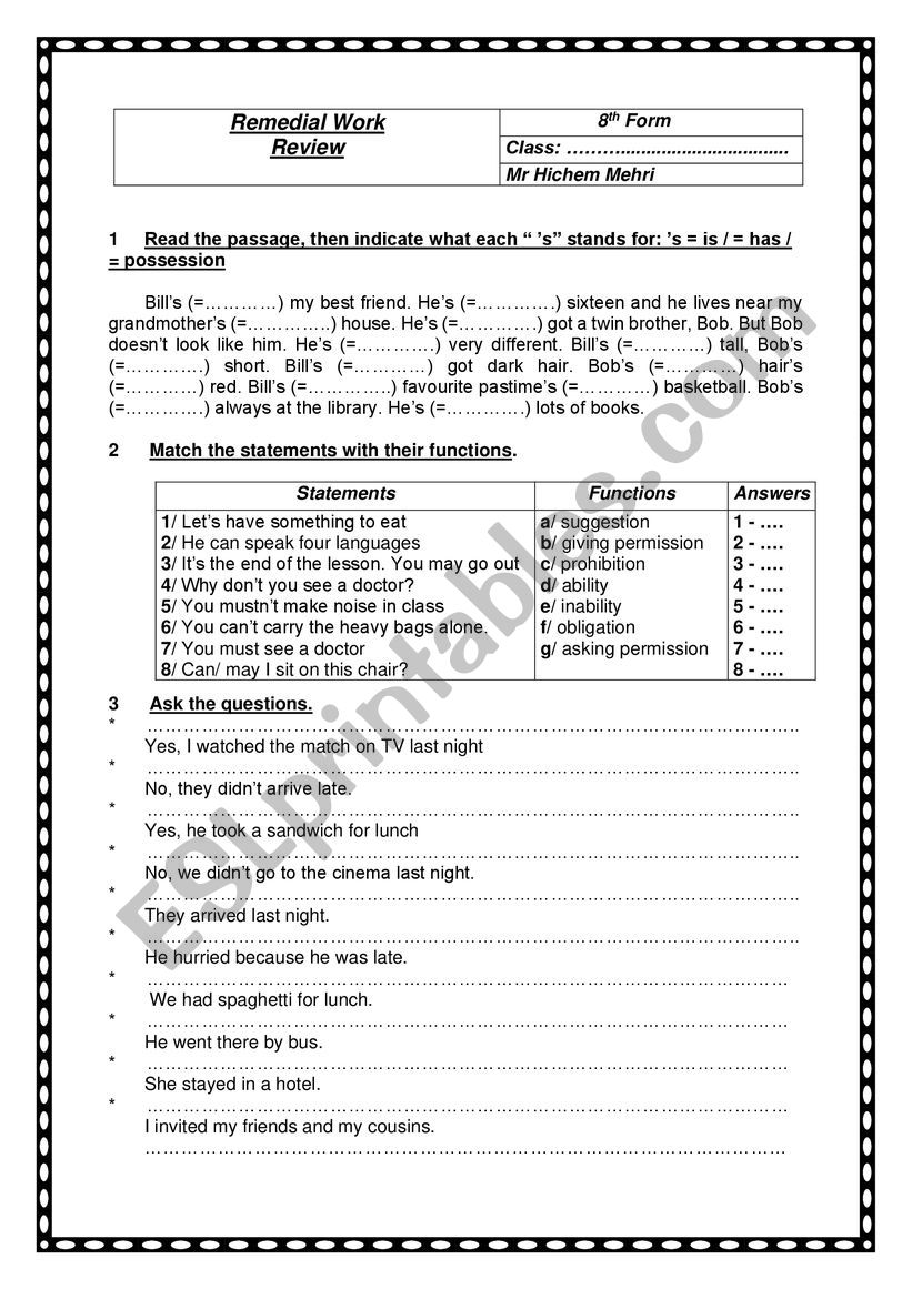 remedial work 8th grade Tunisian prep schools 
