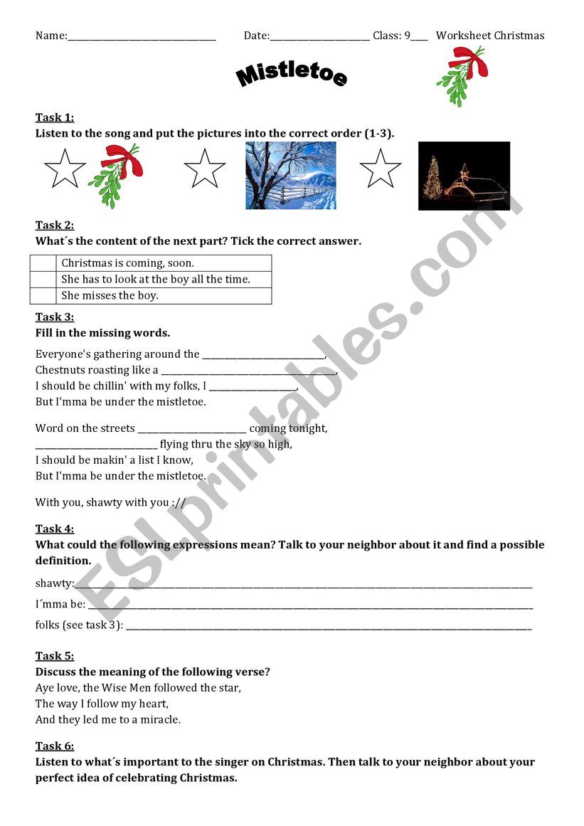 Song worksheet mistletoe worksheet