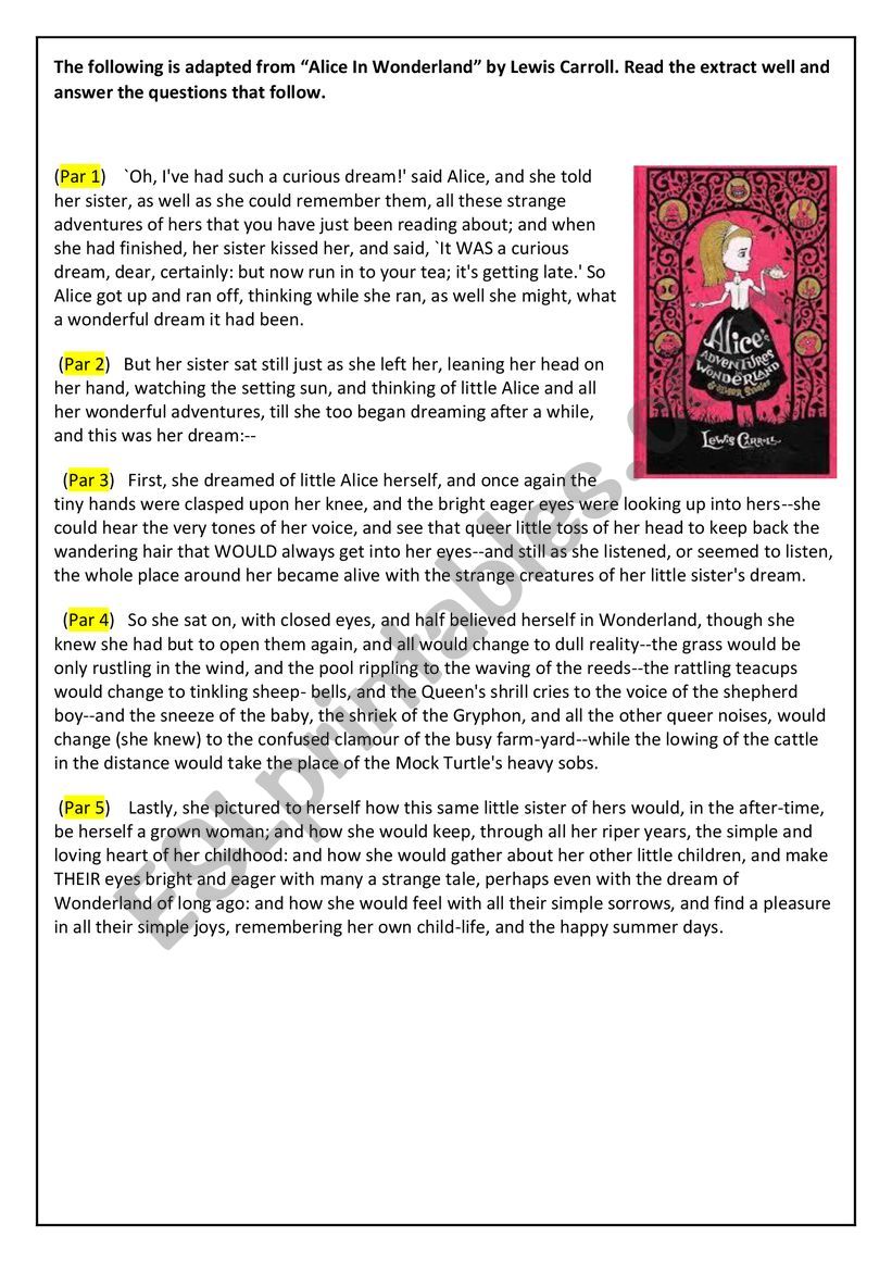 Unseen prose extract from Alice In Wonderland