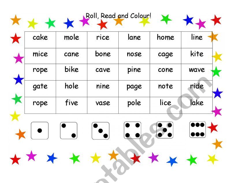 Roll, read and colour a-e,i-e,o-e sounds