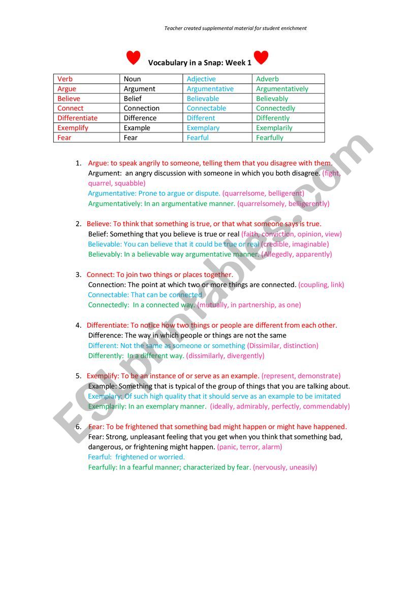 Vocab in a Snap: Week 1 worksheet