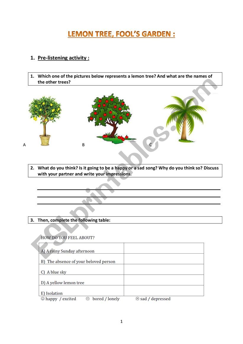 Lemon Tree Fools Garden worksheet