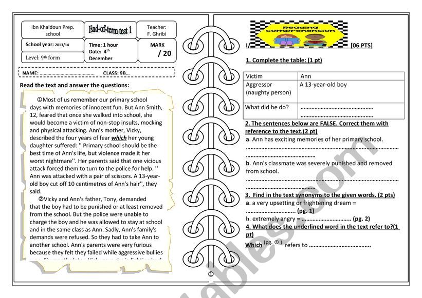 End of first term worksheet