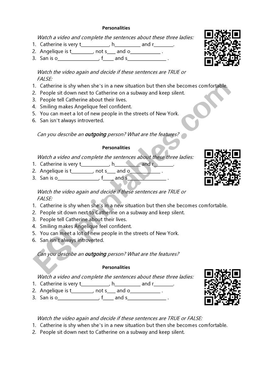 Defining personalities worksheet