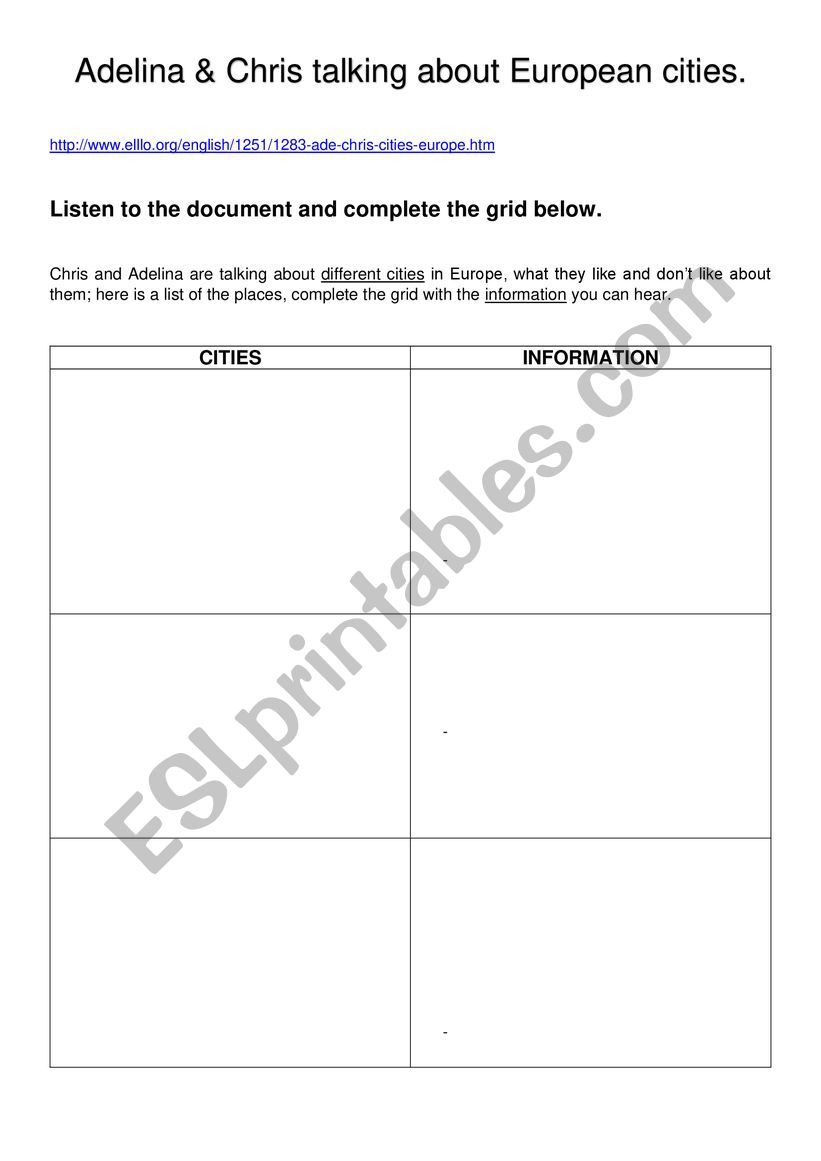 European cities worksheet