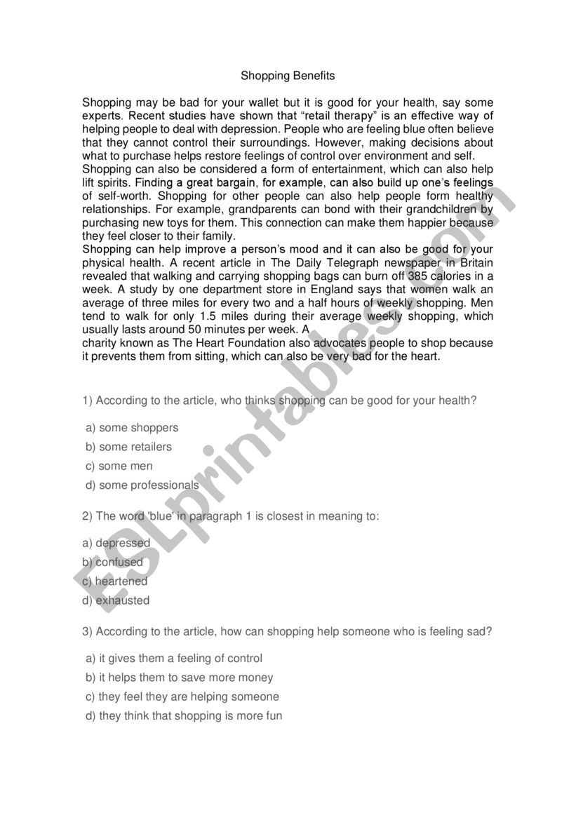 shopping benefits worksheet