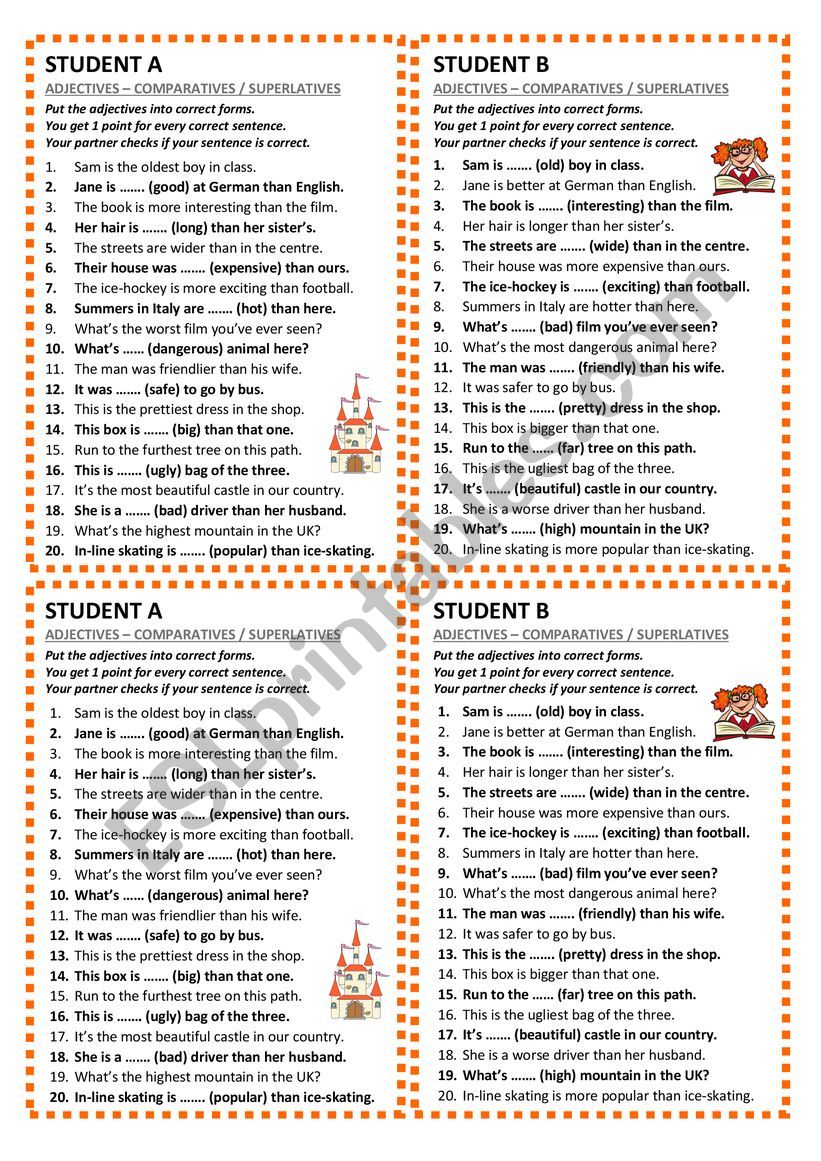 Comparatives and Superlatives - pair work