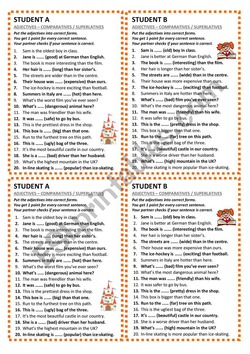 Comparatives and Superlatives - pair work