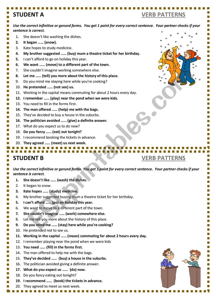 Verb Patterns - pair work worksheet