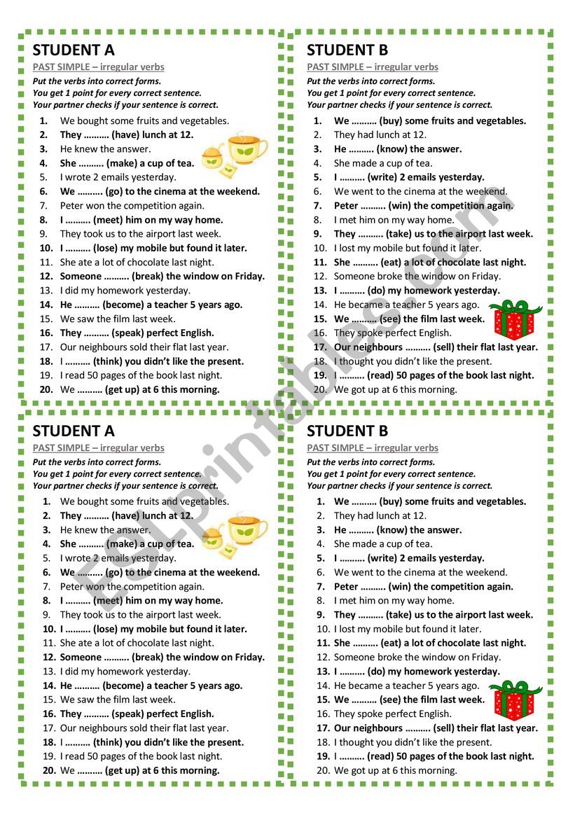 Past Simple - irregular verbs - pair work