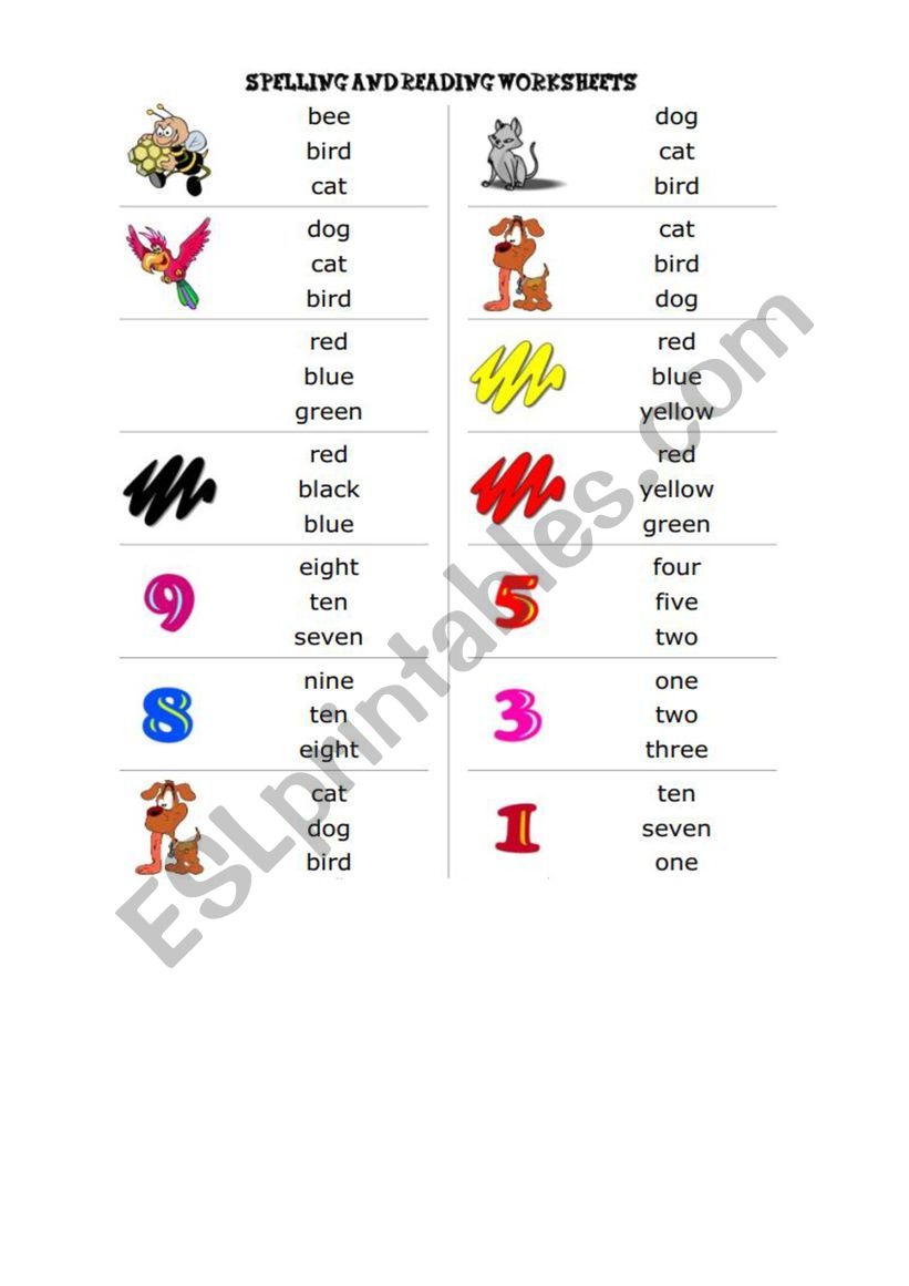 Spelling and reading worksheet about numbers, animal, colours