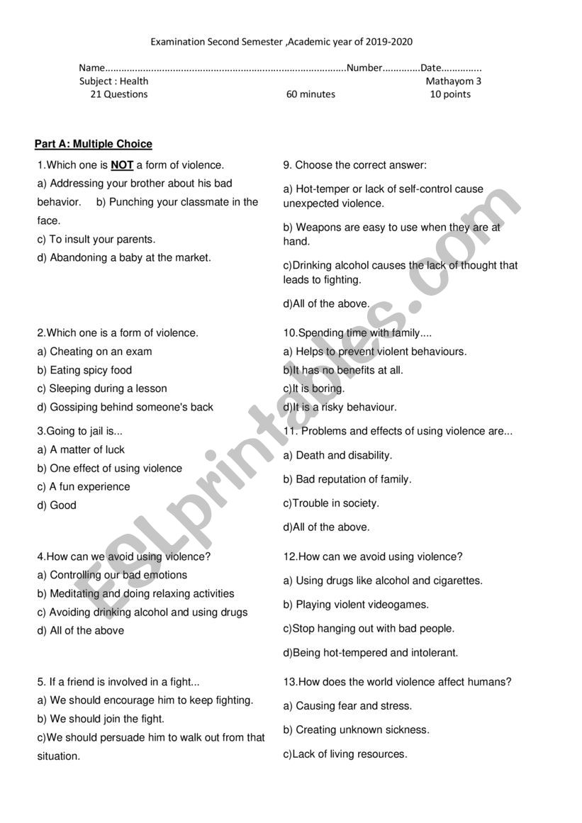 Health exam violence worksheet