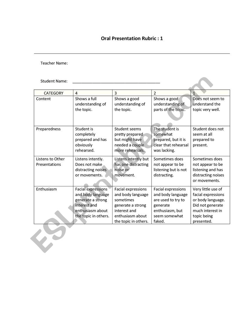 Rubric worksheet