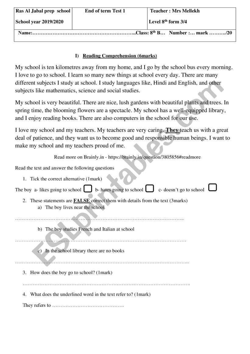 end of term 1 test 8th form worksheet