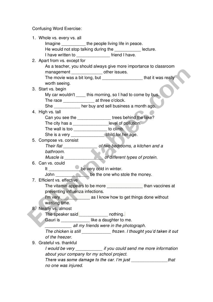 Confusing Sentences Worksheet 1 8 Exercises
