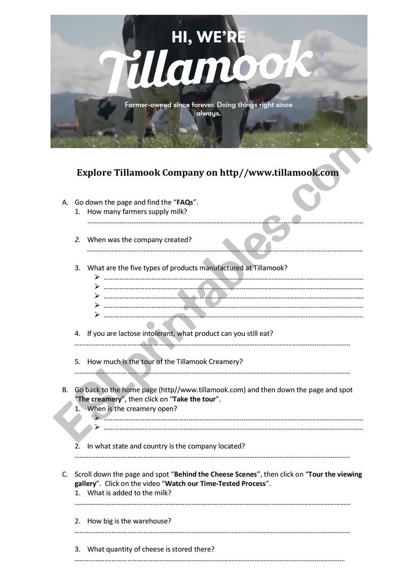 A Cheese Company Webquest worksheet