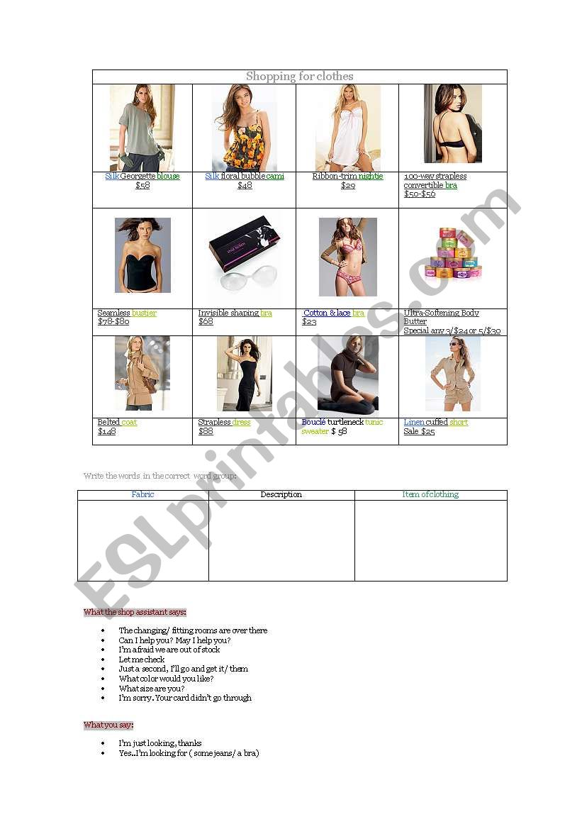 Shopping for Clothes worksheet