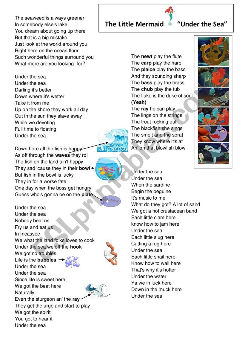 Under The Sea Song Esl Worksheet By Dianal17