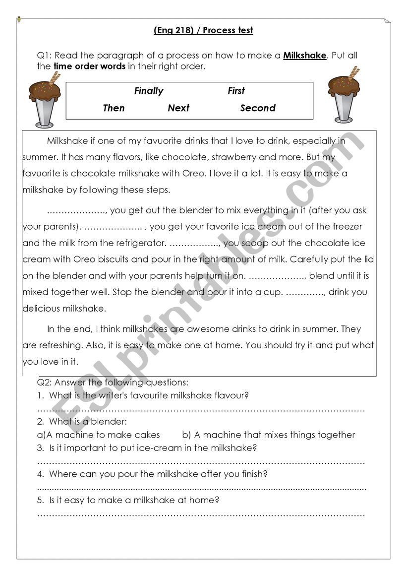 Process Essay short test worksheet