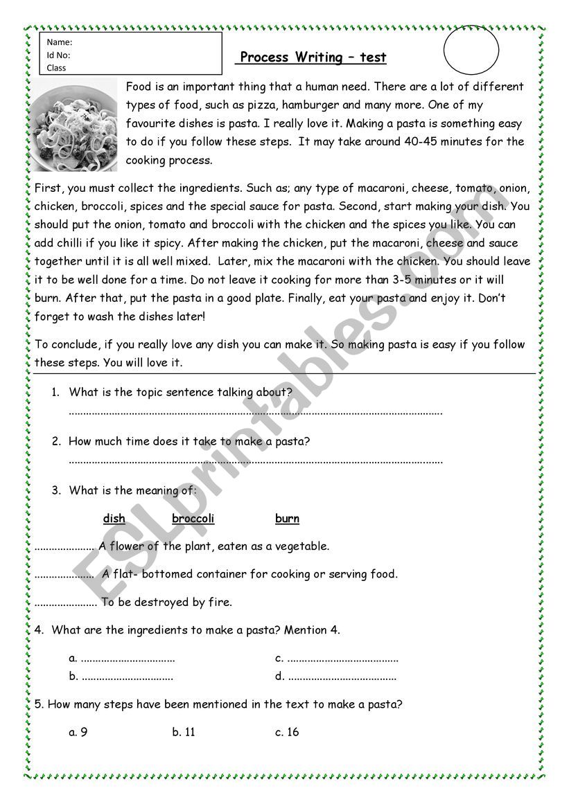 Process Essay short test worksheet