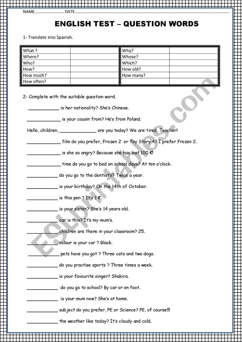 QUESTION WORDS TEST worksheet