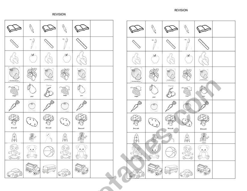 Reading and speaking activity about toys, fruit, vegetables and school objects