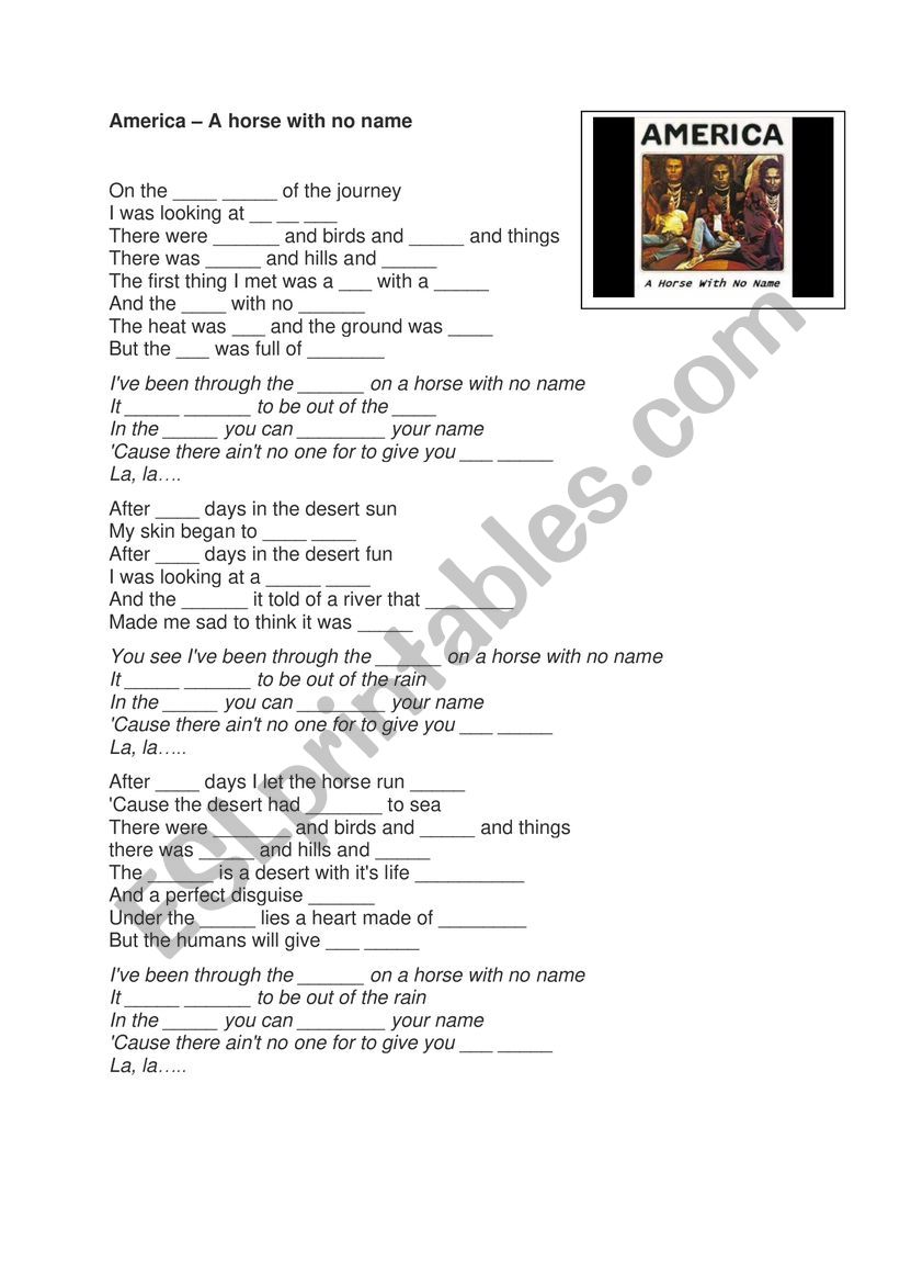 Horse with no Name - America worksheet