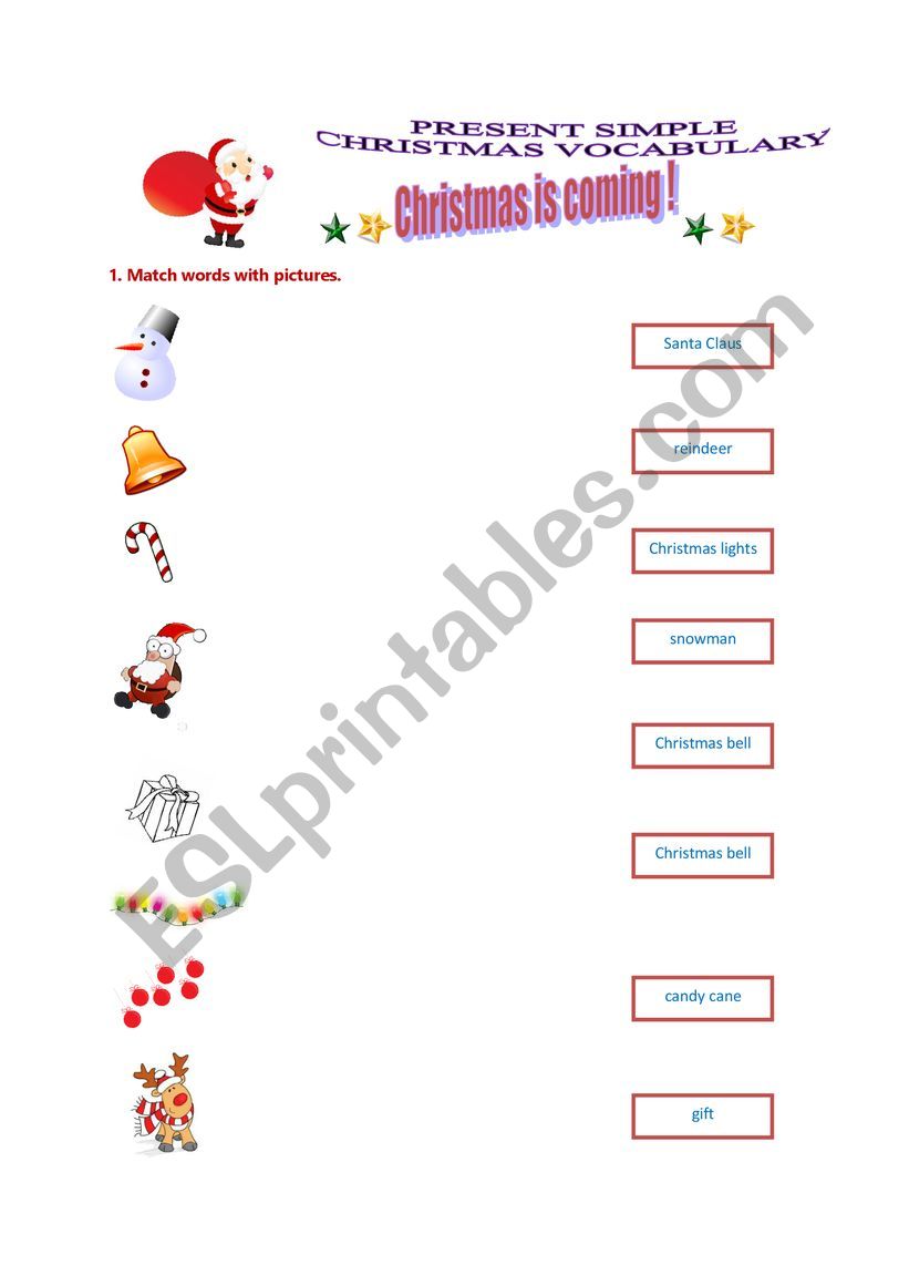Present Simple Christmas vocabulary Christmas tree draw presents Santa Claus describe