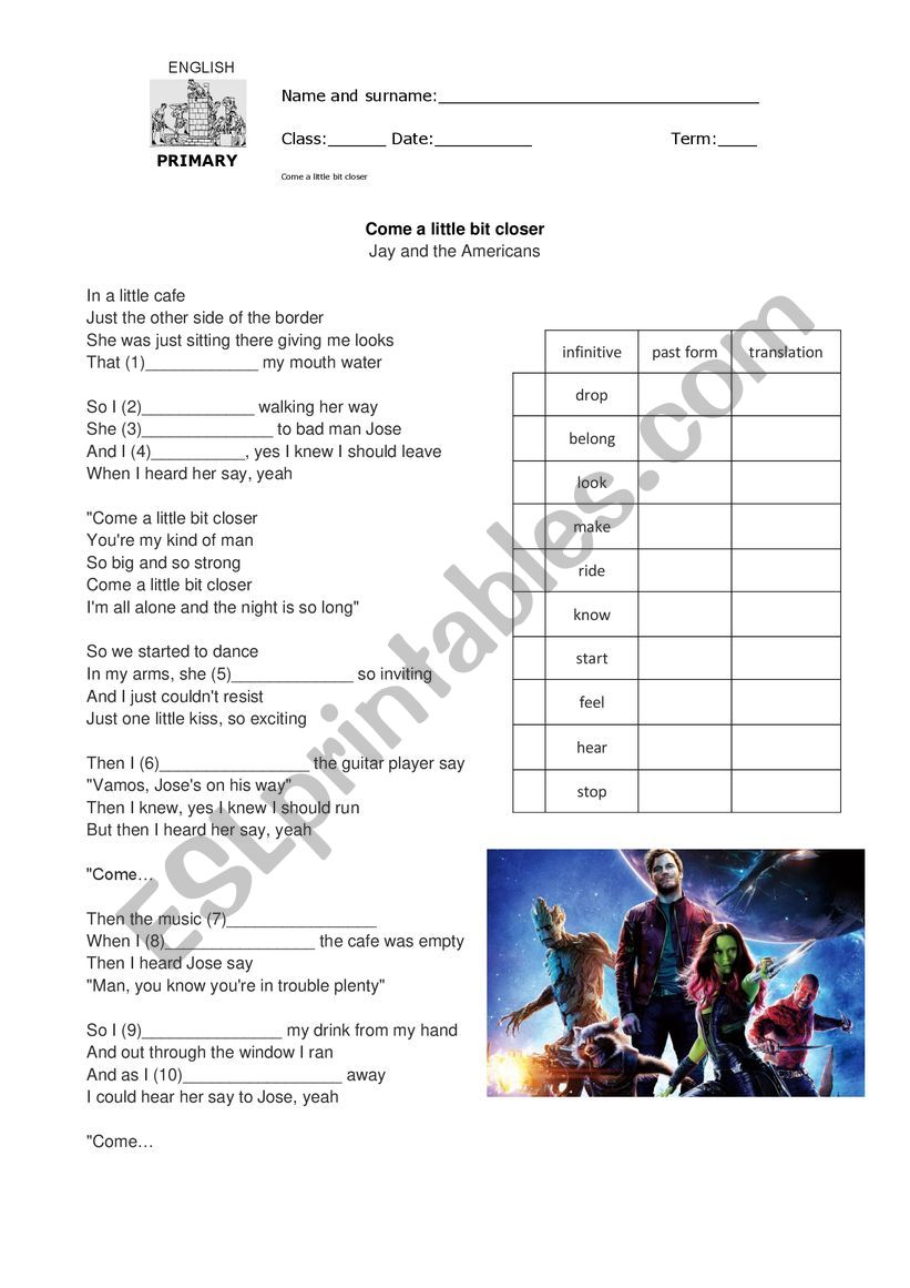 Come a little bit closer worksheet