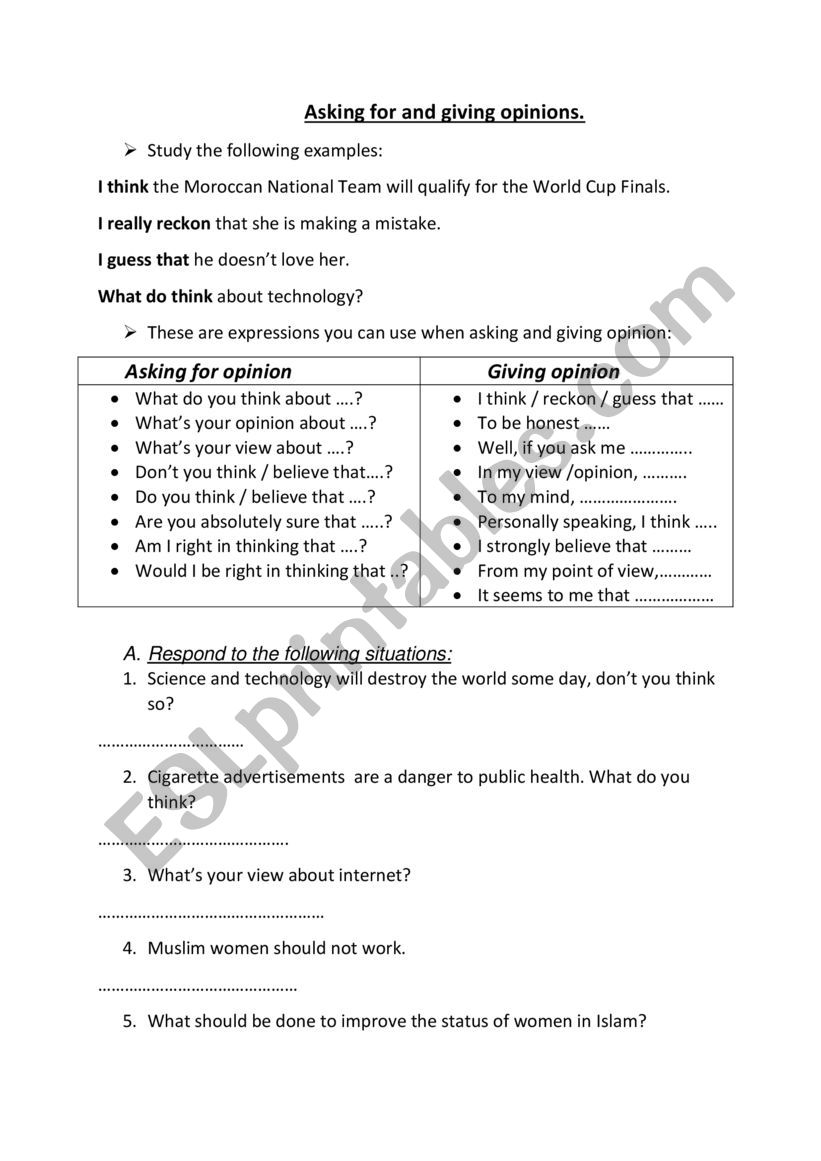 asking for and giving opinion worksheet