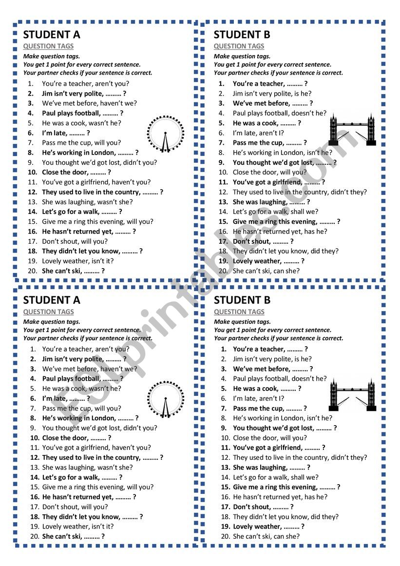 Question Tags - pair work worksheet