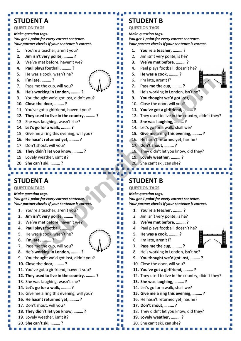 Question Tags - pair work worksheet