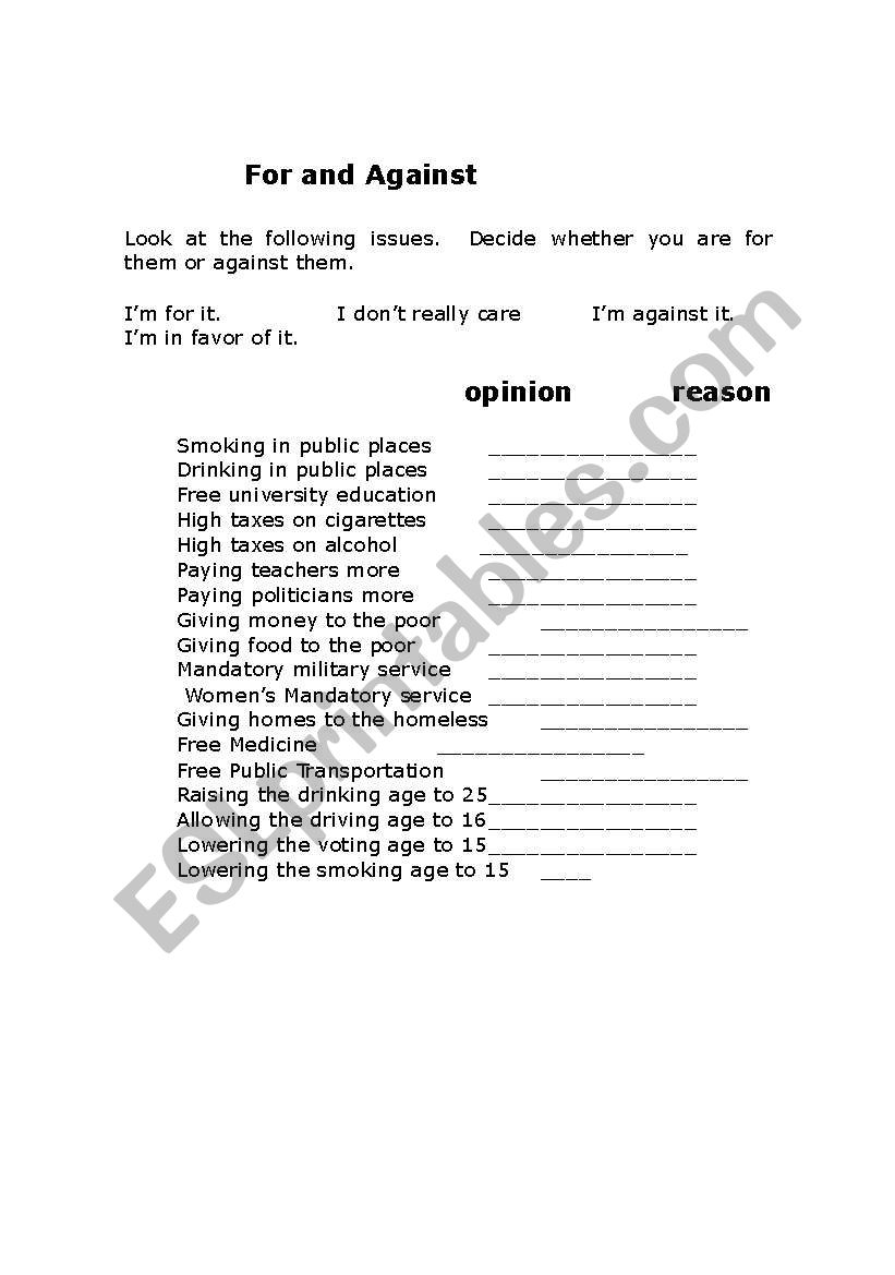 For & Against worksheet