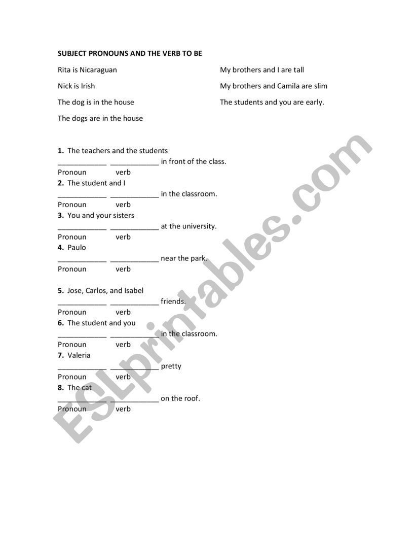 SUBJECT PRONOUNS AND THE VERB TO BE