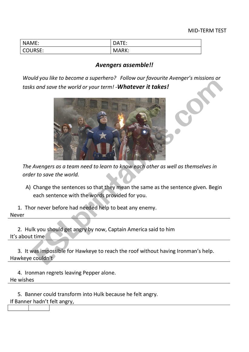 Test Avengers worksheet