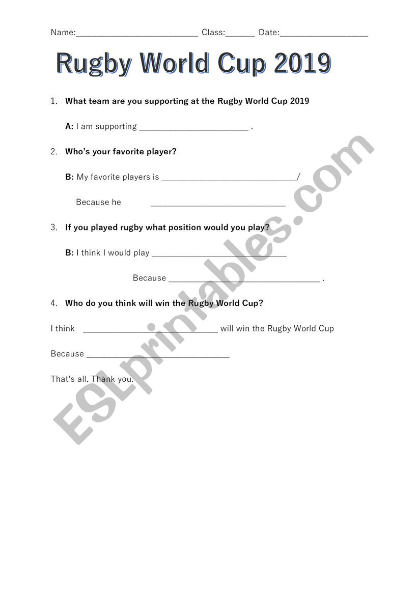 Rugby World Cup 2019 English Conversation  Speaking handout