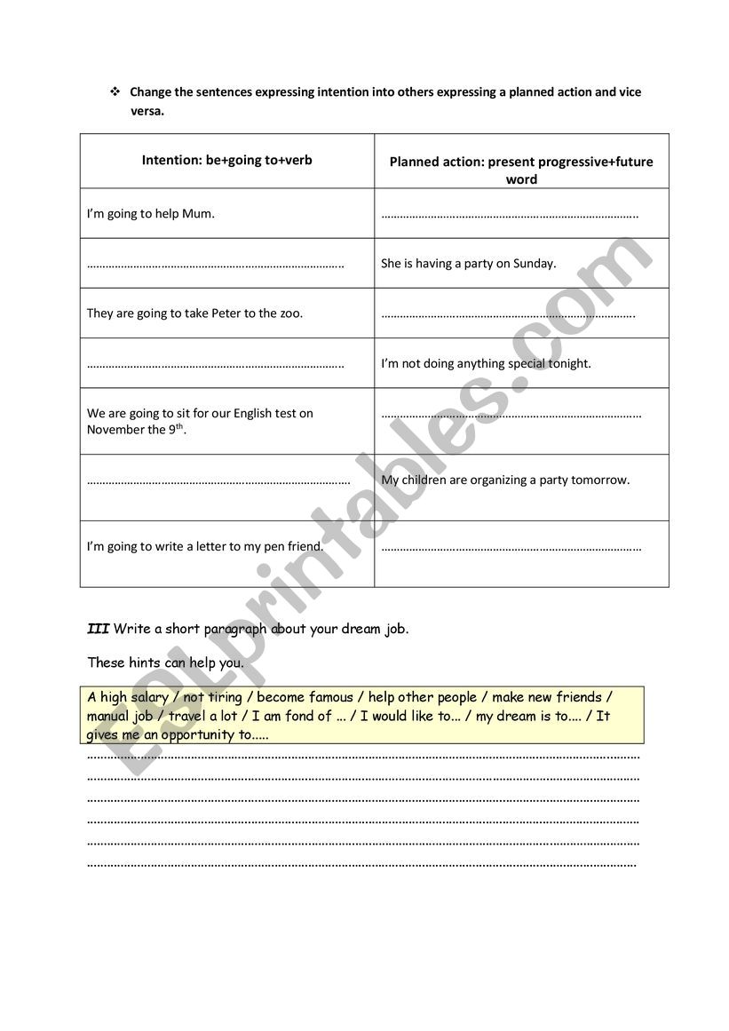 planned action in the future worksheet