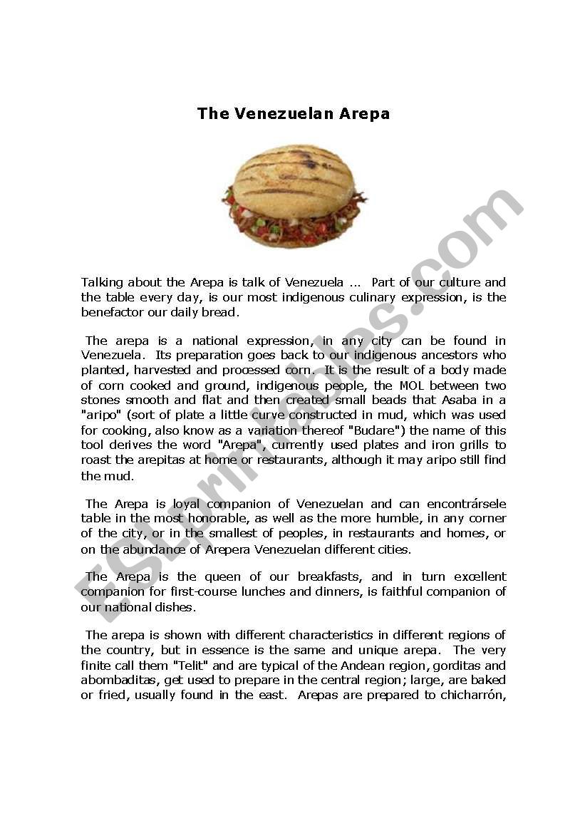 Arepa from Venezuela worksheet