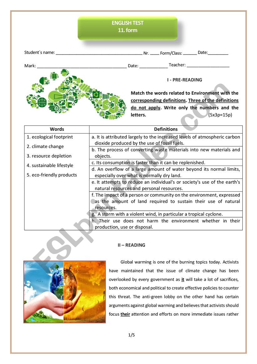 11th form test on environment worksheet