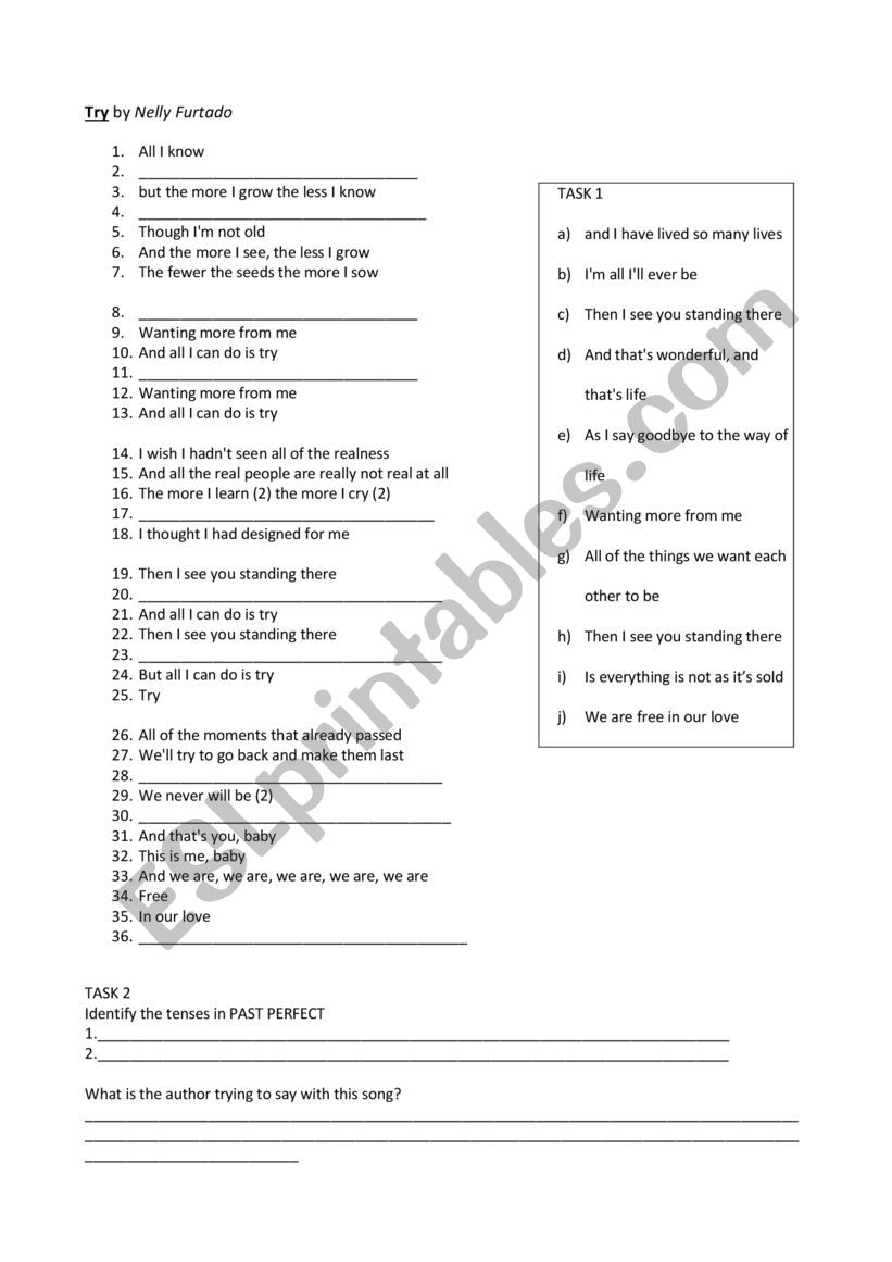 Song Try by Nelly Furtado worksheet