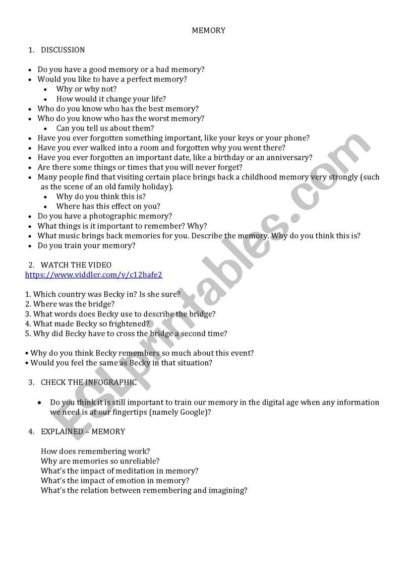 Conversation Class - Memory worksheet