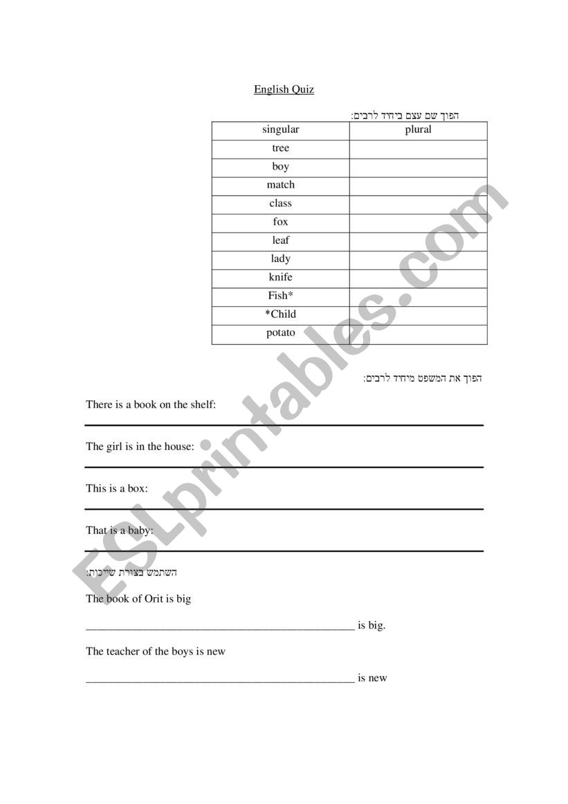singular/plural quiz worksheet