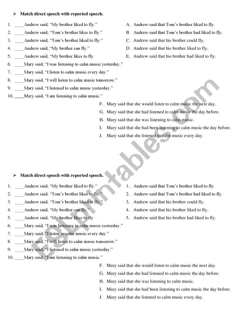 Reported Statements Matching worksheet