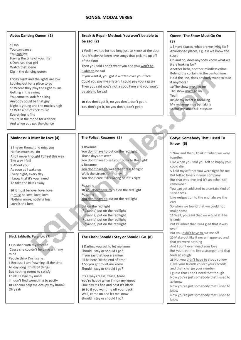 Songs Modals worksheet