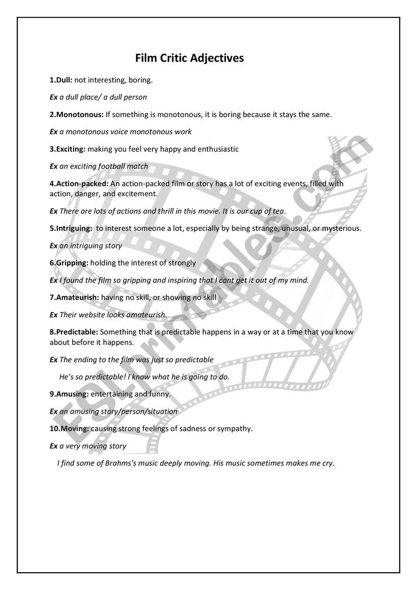 Film Critic Adjectives worksheet