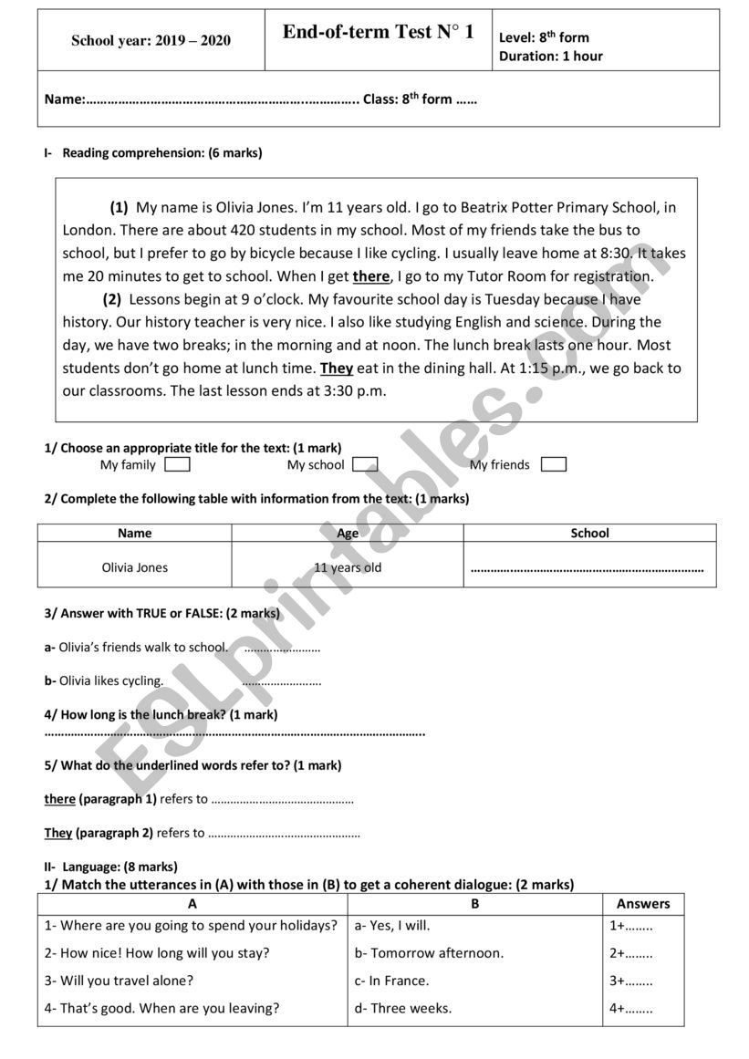 End-of-term Test 1  worksheet