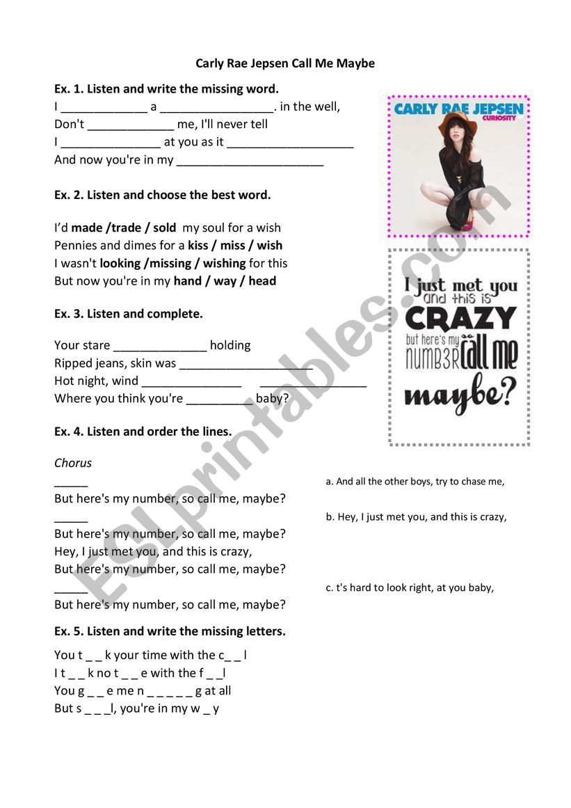 Call me maybe worksheet